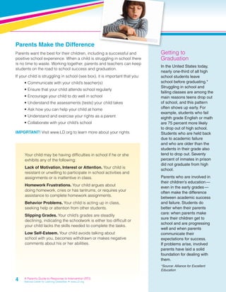 Parents Make the Difference 
Parents want the best for their children, including a successful and 
positive school experience. When a child is struggling in school there 
is no time to waste. Working together, parents and teachers can keep 
students on the road to school success and graduation. 
If your child is struggling in school (see box), it is important that you: 
4 
• Communicate with your child’s teacher(s) 
• Ensure that your child attends school regularly 
• Encourage your child to do well in school 
• Understand the assessments (tests) your child takes 
• Ask how you can help your child at home 
• Understand and exercise your rights as a parent 
• Collaborate with your child’s school 
IMPORTANT! Visit www.LD.org to learn more about your rights. 
Your child may be having diffi culties in school if he or she 
exhibits any of the following: 
Lack of Motivation, Interest or Attention. Your child is 
resistant or unwilling to participate in school activities and 
assignments or is inattentive in class. 
Homework Frustrations. Your child argues about 
doing homework, cries or has tantrums, or requires your 
assistance to complete homework assignments. 
Behavior Problems. Your child is acting up in class, 
seeking help or attention from other students. 
Slipping Grades. Your child’s grades are steadily 
declining, indicating the schoolwork is either too diffi cult or 
your child lacks the skills needed to complete the tasks. 
Low Self-Esteem. Your child avoids talking about 
school with you, becomes withdrawn or makes negative 
comments about his or her abilities. 
Getting to 
Graduation 
In the United States today, 
nearly one-third of all high 
school students leave 
school before graduating.* 
Struggling in school and 
failing classes are among the 
main reasons teens drop out 
of school, and this pattern 
often shows up early. For 
example, students who fail 
eighth grade English or math 
are 75 percent more likely 
to drop out of high school. 
Students who are held back 
due to academic failure 
and who are older than the 
students in their grade also 
tend to drop out. Seventy 
percent of inmates in prison 
did not graduate from high 
school. 
Parents who are involved in 
their children’s education — 
even in the early grades — 
often make the difference 
between academic success 
and failure. Students do 
better when their parents 
care: when parents make 
sure their children get to 
school and are progressing 
well and when parents 
communicate their 
expectations for success. 
If problems arise, involved 
parents have laid a solid 
foundation for dealing with 
them. 
*Source: Alliance for Excellent 
Education 
A Parent’s Guide to Response to Intervention (RTI) 
National Center for Learning Disabilities • www.LD.org 
 