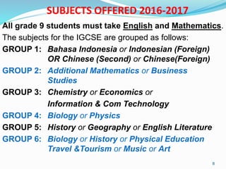 SUBJECTS OFFERED 2016-2017
All grade 9 students must take English and Mathematics.
The subjects for the IGCSE are grouped as follows:
GROUP 1: Bahasa Indonesia or Indonesian (Foreign)
OR Chinese (Second) or Chinese(Foreign)
GROUP 2: Additional Mathematics or Business
Studies
GROUP 3: Chemistry or Economics or
Information & Com Technology
GROUP 4: Biology or Physics
GROUP 5: History or Geography or English Literature
GROUP 6: Biology or History or Physical Education
Travel &Tourism or Music or Art
8
 