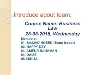 Introduce about team:
Course Name: Business
Law
25-05-2016, Wednesday
Members:
01. SAJJAD HOSEN (Team leader)
02. HAPPY DEY
03. ASIFUR RAHAMAN
04. DAIZE
05.ESHITA
 