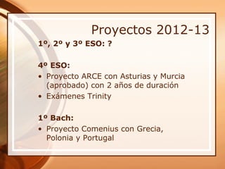 Proyectos 2012-13
1º, 2º y 3º ESO: ?

4º ESO:
• Proyecto ARCE con Asturias y Murcia
  (aprobado) con 2 años de duración
• Exámenes Trinity

1º Bach:
• Proyecto Comenius con Grecia,
  Polonia y Portugal
 