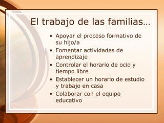 El trabajo de las familias…
    • Apoyar el proceso formativo de
      su hijo/a
    • Fomentar actividades de
      aprendizaje
    • Controlar el horario de ocio y
      tiempo libre
    • Establecer un horario de estudio
      y trabajo en casa
    • Colaborar con el equipo
      educativo
 