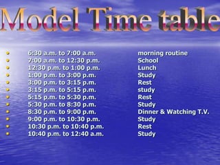 •
•
•
•
•
•
•
•
•
•
•
•

6:30 a.m. to 7:00 a.m.
7:00 a.m. to 12:30 p.m.
12:30 p.m. to 1:00 p.m.
1:00 p.m. to 3:00 p.m.
3:00 p.m. to 3:15 p.m.
3:15 p.m. to 5:15 p.m.
5:15 p.m. to 5:30 p.m.
5:30 p.m. to 8:30 p.m.
8:30 p.m. to 9:00 p.m.
9:00 p.m. to 10:30 p.m.
10:30 p.m. to 10:40 p.m.
10:40 p.m. to 12:40 a.m.

morning routine
School
Lunch
Study
Rest
study
Rest
Study
Dinner & Watching T.V.
Study
Rest
Study

 