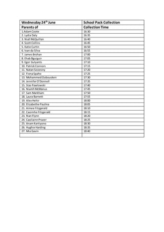 Wednesday 24th
June School Pack Collection
Parents of CollectionTime
1.AdamCoote 16:30
2. Lydia Daly 16:35
3. Niall McQuillan 16:40
4. Scott Collins 16:45
5. Katie Curtin 16:50
6. Ivan da Silva 16:55
7. JamesBrohan 17:00
8. Ehab Bguiguir 17:05
9. Egor Gulyants 17:10
10. PatrickConnors 17:15
11. NatanSzczesny 17:20
12. FionaSpaho 17:25
13. MohammedOubousken 17:30
14. JenniferO’Donnell 17:35
15. Stas Pawlowski 17:40
16. NiamhMcManus 17:45
17. Sam Markham 17:50
18. Laura Barnett 17:55
19. Alex Hehir 18:00
20. Elizabethe Paulina 18:05
21. Aimee Fitzgerald 18:10
22. Caoimhe Fitzgerald 18:15
23. RianFlynn 18:20
24. CaoilainnPrazer 18:25
25. AnamKartiyono 18:30
26. Hughie Harding 18:35
27. Mia Gavin 18:40