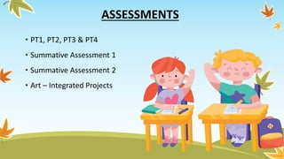 ASSESSMENTS
• PT1, PT2, PT3 & PT4
• Summative Assessment 1
• Summative Assessment 2
• Art – Integrated Projects
 