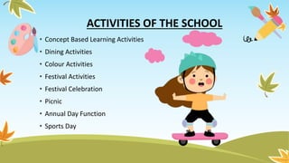 ACTIVITIES OF THE SCHOOL
• Concept Based Learning Activities
• Dining Activities
• Colour Activities
• Festival Activities
• Festival Celebration
• Picnic
• Annual Day Function
• Sports Day
 