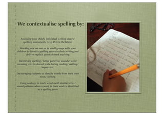 We contextualise spelling by:

   Assessing your child’s individual writing pieces/
     spelling assessments ( e.g. Peters Dictation)

  Working one on one or in small groups with your
children to identify spelling errors in their writing and
        deliver explicit point of need teaching

 Identifying spelling / letter patterns/ sounds/ word
meaning etc. in shared texts during reading/ writing/
                      inquiry etc

Encouraging students to identify words from their own
                   texts/ writing

  Using analogy to teach words with similar letter/
sound patterns when a word in their work is identiﬁed
                 as a spelling error
 