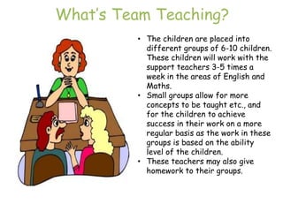 What‟s Team Teaching?
         • The children are placed into
           different groups of 6-10 children.
           These children will work with the
           support teachers 3-5 times a
           week in the areas of English and
           Maths.
         • Small groups allow for more
           concepts to be taught etc., and
           for the children to achieve
           success in their work on a more
           regular basis as the work in these
           groups is based on the ability
           level of the children.
         • These teachers may also give
           homework to their groups.
 