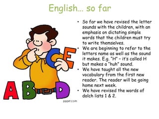 English… so far
      • So far we have revised the letter
        sounds with the children, with an
        emphasis on dictating simple
        words that the children must try
        to write themselves.
      • We are beginning to refer to the
        letters name as well as the sound
        it makes. E.g. “H” – it‟s called H
        but makes a “huh” sound.
      • We have taught all the new
        vocabulary from the first new
        reader. The reader will be going
        home next week.
      • We have revised the words of
        dolch lists 1 & 2.
 
