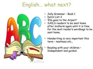 English… what next?
        •   Jolly Grammar – Book 1
        •   Dolch List 3
        •   „Ella goes to the Airport‟
        •   SAILS readers to be sent home
            after midterm again until it is time
            for the next reader‟s wordbags to be
            sent home.

        • Handwriting is very important this
          term – neatness etc.,

        • Reading with your children –
          Independent and guided.
 