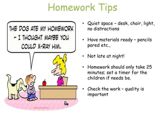 Homework Tips
      • Quiet space – desk, chair, light,
        no distractions

      • Have materials ready – pencils
        pared etc.,

      • Not late at night!

      • Homework should only take 25
        minutes; set a timer for the
        children if needs be.

      • Check the work – quality is
        important
 