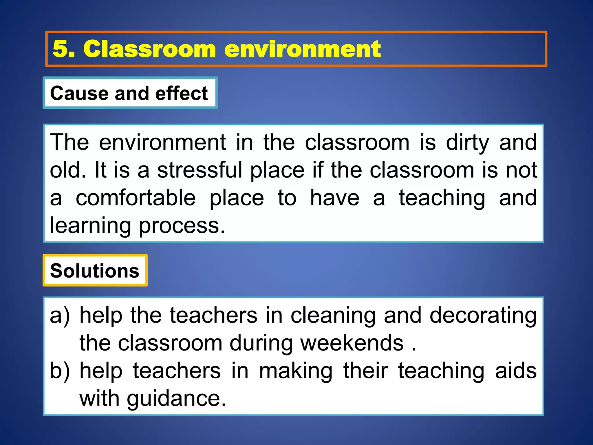 5. Classroom environment
Cause and effect
The environment in the classroom is dirty and
old. It is a stressful place if the classroom is not
a comfortable place to have a teaching and
learning process.
Solutions
a) help the teachers in cleaning and decorating
the classroom during weekends .
b) help teachers in making their teaching aids
with guidance.
 