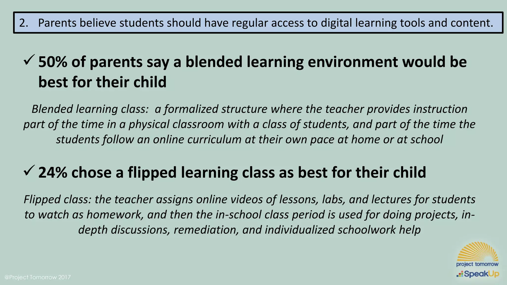 @Project Tomorrow 2017
2. Parents believe students should have regular access to digital learning tools and content.
✓ 50% of parents say a blended learning environment would be
best for their child
Blended learning class: a formalized structure where the teacher provides instruction
part of the time in a physical classroom with a class of students, and part of the time the
students follow an online curriculum at their own pace at home or at school
✓ 24% chose a flipped learning class as best for their child
Flipped class: the teacher assigns online videos of lessons, labs, and lectures for students
to watch as homework, and then the in-school class period is used for doing projects, in-
depth discussions, remediation, and individualized schoolwork help
 