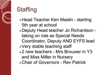 Staffing
●Head Teacher Ken Maslin - starting
5th year at school
●Deputy Head teacher Jo Richardson -
taking on role as Special Needs
Coordinator, Deputy AND EYFS lead
●Very stable teaching staff
●2 new teachers - Mrs Brouwer in Y3
and Miss Miller in Nursery
●Chair of Governors - Rev Patrick
 