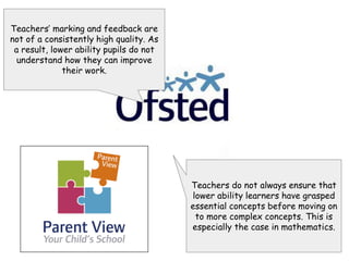 Teachers do not always ensure that
lower ability learners have grasped
essential concepts before moving on
to more complex concepts. This is
especially the case in mathematics.
Teachers’ marking and feedback are
not of a consistently high quality. As
a result, lower ability pupils do not
understand how they can improve
their work.
 