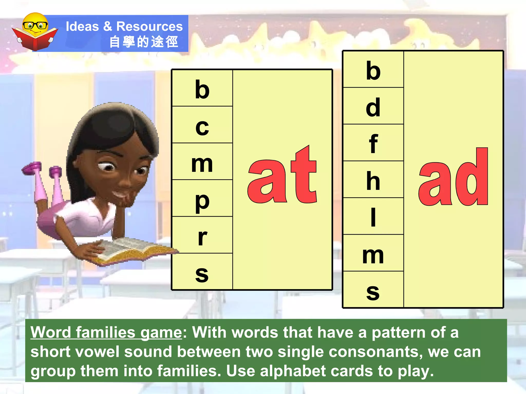 Ideas & Resources 自學的途徑   Word families game :  With words that have a pattern of a short vowel sound between two single consonants, we can group them into families. Use alphabet cards to play. at ad b c m p r s s b d f h l m 