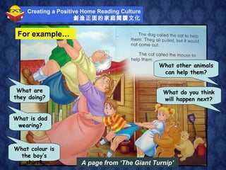 Creating a Positive Home Reading Culture 創造正面的家庭閱讀文化 For example… What are they doing? What is dad wearing? What colour is the boy’s shirt? What other animals can help them? What do you think will happen next? A page from ‘The Giant Turnip’ 