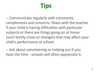 5
Tips
-- Communicate regularly with comments,
compliments and concerns. Share with the teacher
if your child is having difficulties with particular
subjects or there are things going on at home
(such family crises or changes) that may affect your
child's performance at school.
-- Ask about volunteering or helping out if you
have the time - schools will often appreciate it.
 