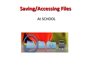 Places to Save Files Saving files on the computer  Saving files to the server— student school work only Saving files from home Saving files on a USB driver (keychain, flash, etc.) Saving files to a disk Portable hard drives 