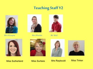 Teaching Staff Y2
Mrs Kilcoyne Mrs Rhodes Mr Wall
Miss Sutherland Miss Surtees Mrs Raybould Miss Tinker
 