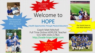 Follows all sports …
Bucs, Rays,
Buckeyes, and
Kentucky
Welcome to
HOPE
(Health Opportunities Through Physical Education)
Coach Matt Mitchell
Full Time Online HOPE/DE Teacher
515-599-1SVA (1782)
http://svade-hope.lattiss.com
Married to Cathy
(she teaches at
NPHS) we have 3
kids
Graduated HS
in 1996
(Citrus High)
Our family loves to
visit MLB stadiums!
 