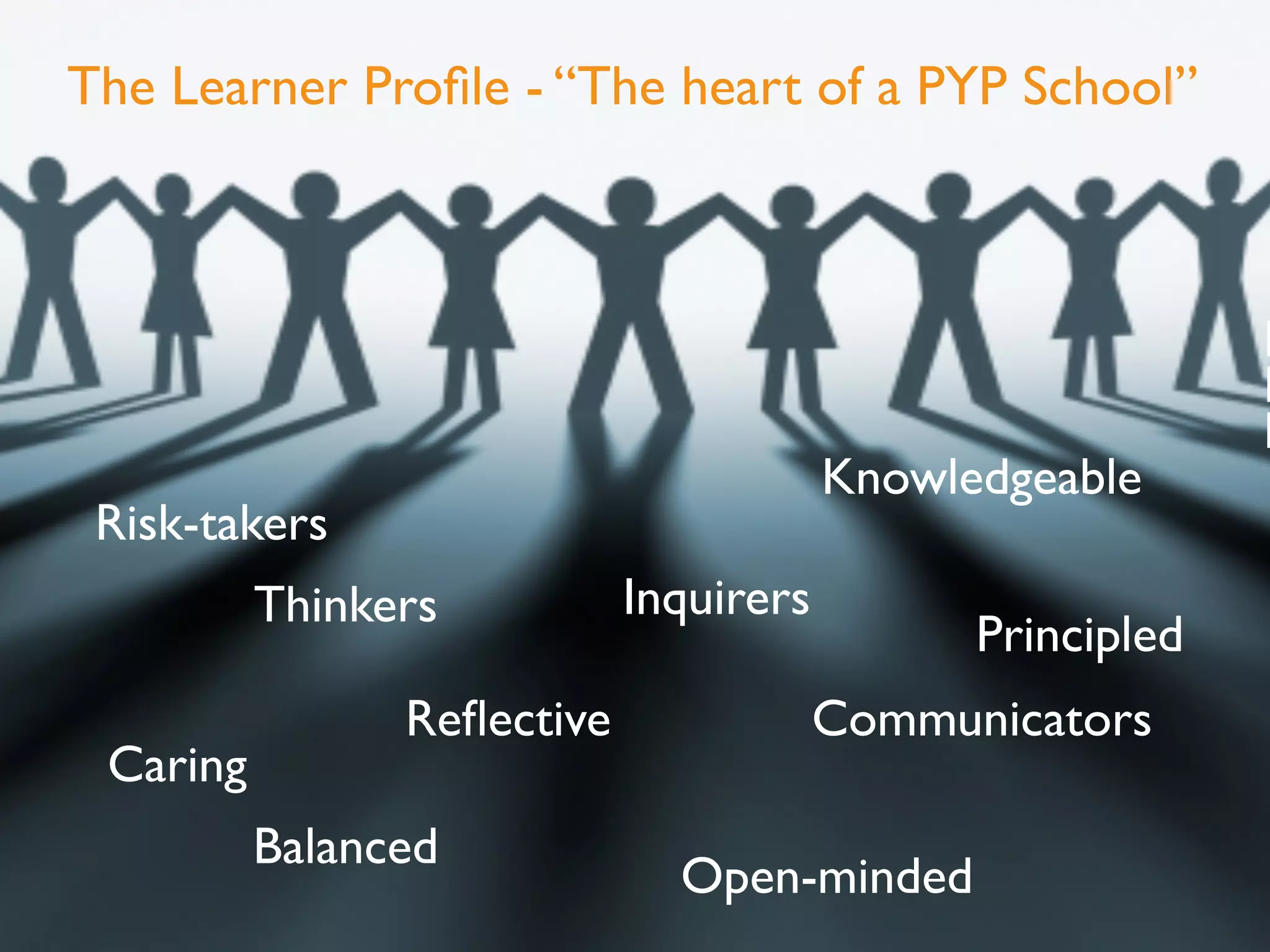 The Learner Proﬁle - “The heart of a PYP School”
Risk-takers
Knowledgeable
R
R
R
Communicators
Thinkers
Balanced
Reﬂective
Open-minded
Inquirers
Caring
Principled
 