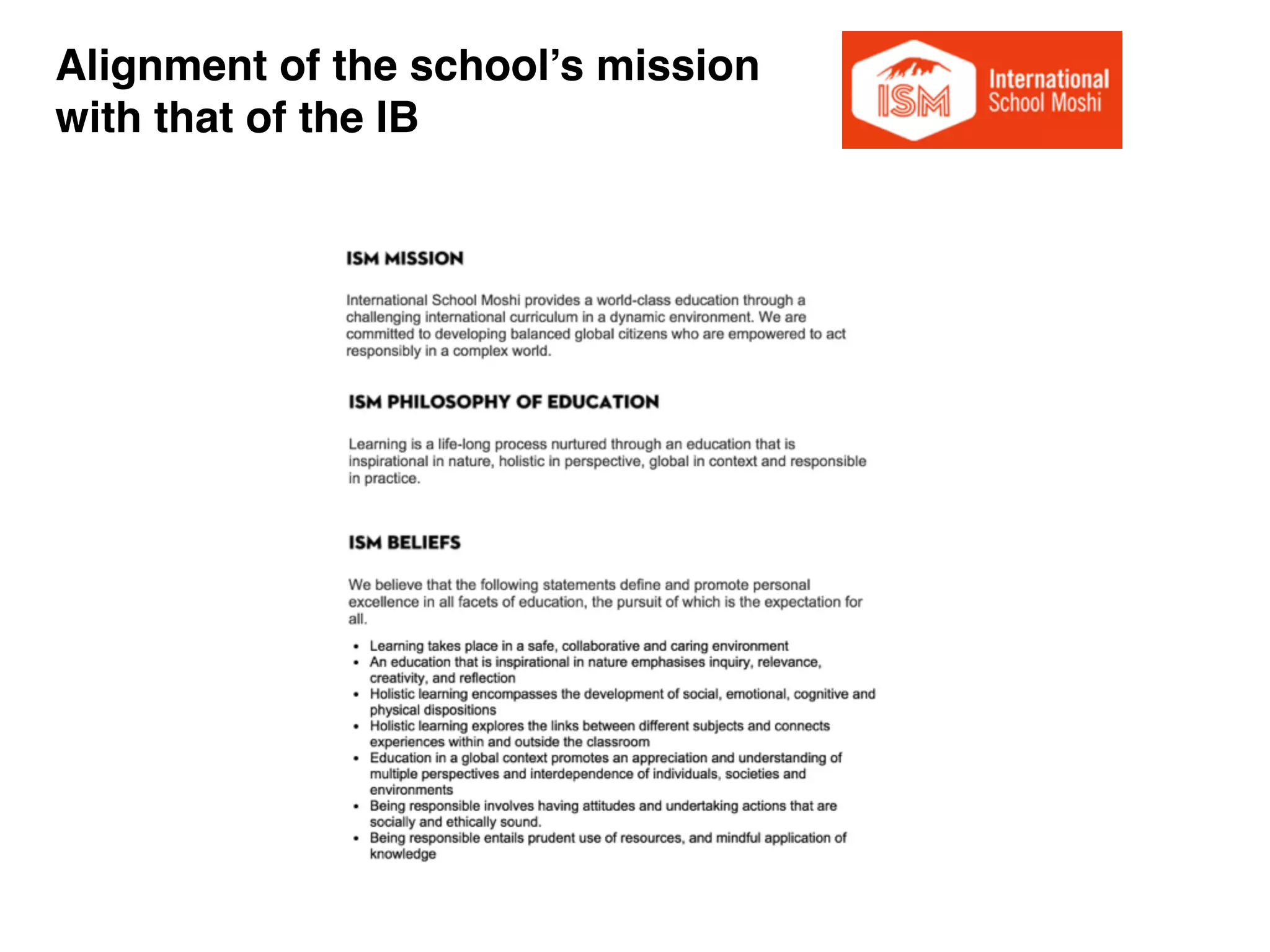 Alignment of the school’s mission
with that of the IB
 