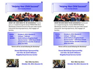 “Helping Your Child Succeed”                            “Helping Your Child Succeed”
              Leon County Schools                                   Leon County Schools




WHAT DO KIDS NEED TO BE SUCCESSFUL? Come             WHAT DO KIDS NEED TO BE SUCCESSFUL? Come join
join us in experiencing the Active PARENTING Now     us in experiencing the Active PARENTING Now
Workshops centered around a five-part video-based    Workshops centered around a five-part video-based
interactive learning experience, that engages all    interactive learning experience, that engages all
families.                                            families.

 WHEN:        October 6, 2011 (Session I)             WHEN:        October 6, 2011 (Session I)
 TIME:        5:30 pm ~ 8:00 pm                       TIME:        5:30 pm ~ 8:00 pm
 WHERE:       Smith-Williams Neighborhood             WHERE:       Smith-Williams Neighborhood
               Service Center ~ 2295 Pasco Street                  Service Center ~ 2295 Pasco Street
              Contact Person: Jennifer Anderson                     Contact Person: Jennifer Anderson
              (850) 413-0441                                       (850) 413-0441

    *Dinner will be served following the Workshop*        *Dinner will be served following the Workshop*


         Parent Workshops Sponsored By:                    Parent Workshops Sponsored By:
            LCS Title I & Smith Williams                      LCS Title I & Smith-Williams
           Neighborhood Service Center                       Neighborhood Service Center



                         NEXT MEETING DATE:                                  NEXT MEETING DATE:
                     October 20, 2011 (Session II)                       October 20, 2011 (Session II)
 
