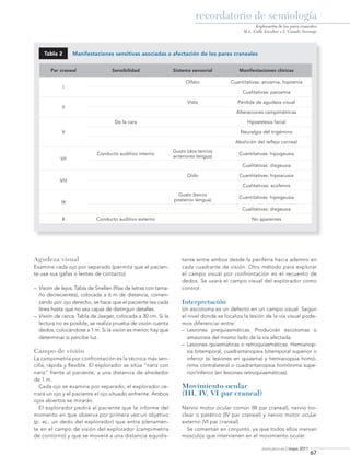 recordatorio de semiología
Exploración de los pares craneales
M.L. Calle Escobar e I. Casado Naranjo

Tabla 2

Manifestaciones sensitivas asociadas a afectación de los pares craneales

Par craneal

Sensibilidad

Manifestaciones clínicas

Olfato

I

Sistema sensorial

Cuantitativas: anosmia, hiposmia
Cualitativas: parosmia

Vista

II

Pérdida de agudeza visual
Alteraciones campimétricas

De la cara

Hipoestesia facial

V

Neuralgia del trigémino
Abolición del reflejo corneal

VII

Conducto auditivo interno

Gusto (dos tercios
anteriores lengua)

Cuantitativas: hipogeusia
Cualitativas: disgeusia

Oído

VIII

Cuantitativas: hipoacusia
Cualitativas: acúfenos

Gusto (tercio
posterior lengua)

IX

Cuantitativas: hipogeusia
Cualitativas: disgeusia

X

Conducto auditivo externo

Agudeza visual
Examine cada ojo por separado (permita que el paciente use sus gafas o lentes de contacto)
– 	Visión de lejos. Tabla de Snellen (filas de letras con tamaño decrecientes), colocada a 6 m de distancia, comenzando por ojo derecho, se hace que el paciente lea cada
línea hasta que no sea capaz de distinguir detalles.
– 	Visión de cerca. Tabla de Jaeger, colocada a 30 cm. Si la
lectura no es posible, se realiza prueba de visión cuenta
dedos, colocándose a 1 m. Si la visión es menor, hay que
determinar si percibe luz.
	

Campo de visión

La campimetría por confrontación es la técnica más sencilla, rápida y flexible. El explorador se sitúa “nariz con
nariz” frente al paciente, a una distancia de alrededor
de 1 m.
Cada ojo se examina por separado; el explorador cerrará un ojo y el paciente el ojo situado enfrente. Ambos
ojos abiertos se mirarán.
El explorador pedirá al paciente que le informe del
momento en que observa por primera vez un objetivo
(p. ej., un dedo del explorador) que entra plenamente en el campo de visión del explorador (campimetría
de contorno) y que se moverá a una distancia equidis-

No aparentes

tante entre ambos desde la periferia hacia adentro en
cada cuadrante de visión. Otro método para explorar
el campo visual por confrontación es el recuento de
dedos. Se usará el campo visual del explorador como
control.

Interpretación
Un escotoma es un defecto en un campo visual. Según
el nivel donde se localiza la lesión de la vía visual podemos diferenciar entre:
– 	Lesiones prequiasmáticas. Producirán escotomas o
amaurosis del mismo lado de la vía afectada.
– 	Lesiones quiasmáticas o retroquiasmáticas. Hemianopsia bitemporal, cuadrantanopsia bitemporal superior o
inferior (si lesiones en quiasma) y hemianopsia homónima contralateral o cuadrantanopsia homónima superior/inferior (en lesiones retroquiasmáticas).

Movimiento ocular
(III, IV, VI par craneal)
Nervio motor ocular común (III par craneal), nervio troclear o patético (IV par craneal) y nervio motor ocular
externo (VI par craneal)
Se comentan en conjunto, ya que todos ellos inervan
músculos que intervienen en el movimiento ocular.
www.jano.es | mayo 2011

08-semi0310Explor.indd 67

67

9/5/11 14:37:20

 