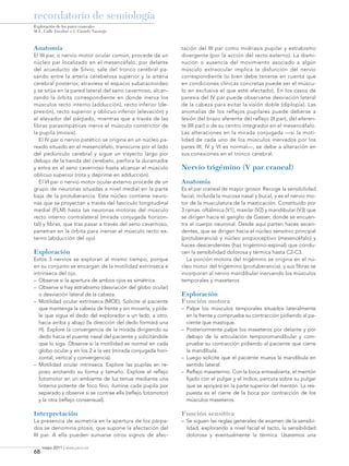 recordatorio de semiología
Exploración de los pares craneales
M.L. Calle Escobar e I. Casado Naranjo

Anatomía
El III par, o nervio motor ocular común, procede de un
núcleo par localizado en el mesencéfalo, por delante
del acueducto de Silvio; sale del tronco cerebral pasando entre la arteria cerebelosa superior y la arteria
cerebral posterior, atraviesa el espacio subaracnoideo
y se sitúa en la pared lateral del seno cavernoso, alcanzando la órbita correspondiente en donde inerva los
músculos recto interno (adducción), recto inferior (depresión), recto superior y oblicuo inferior (elevación) y
el elevador del párpado, mientras que a través de las
fibras parasimpáticas inerva el músculo constrictor de
la pupila (miosis).
El IV par o nervio patético se origina en un núcleo pareado situado en el mesencéfalo, transcurre por el lado
del pedúnculo cerebral y sigue un trayecto largo por
debajo de la tienda del cerebelo, perfora la duramadre
y entra en el seno cavernoso hasta alcanzar el músculo
oblicuo superior (rota y deprime en adducción).
El VI par o nervio motor ocular externo procede de un
grupo de neuronas situadas a nivel medial en la parte
baja de la protuberancia. Este núcleo contiene neuronas que se proyectan a través del fascículo longitudinal
medial (FLM) hasta las neuronas motoras del músculo
recto interno contralateral (mirada conjugada horizontal) y fibras, que tras pasar a través del seno cavernoso,
penetran en la órbita para inervar el músculo recto externo (abducción del ojo).

Exploración
Estos 3 nervios se exploran al mismo tiempo, porque
en su conjunto se encargan de la motilidad extrínseca e
intrínseca del ojo.
– 	Observe si la apertura de ambos ojos es simétrica.
– 	Observe si hay estrabismo (desviación del globo ocular)
o desviación lateral de la cabeza.
– 	Motilidad ocular extrínseca (MOE). Solicite al paciente
que mantenga la cabeza de frente y sin moverla, y pídale que sigua el dedo del explorador a un lado, a otro,
hacia arriba y abajo (la dirección del dedo formará una
H). Explore la convergencia de la mirada dirigiendo su
dedo hacia el puente nasal del paciente y solicitándole
que lo siga. Observe si la motilidad es normal en cada
globo ocular y en los 2 a la vez (mirada conjugada horizontal, vertical y convergencia).
– 	Motilidad ocular intrínseca. Explore las pupilas en reposo anotando su forma y tamaño. Explore el reflejo
fotomotor en un ambiente de luz tenue mediante una
linterna potente de foco fino, ilumine cada pupila por
separado y observe si se contrae ella (reflejo fotomotor)
y la otra (reflejo consensual).

tación del III par como midriasis pupilar y estrabismo
divergente (por la acción del recto externo). La disminución o ausencia del movimiento asociado a algún
músculo extraocular implica la disfunción del nervio
correspondiente (si bien debe tenerse en cuenta que
en condiciones clínicas concretas puede ser el músculo en exclusiva el que esté afectado). En los casos de
paresia del IV par puede observarse desviación lateral
de la cabeza para evitar la visión doble (diplopía). Las
anomalías de los reflejos pupilares puede deberse a
lesión del brazo aferente del reflejo (II par), del eferente (III par) o de su centro integrador en el mesencéfalo.
Las alteraciones en la mirada conjugada —si la motilidad de cada uno de los músculos inervados por los
pares III, IV y VI es normal—, se debe a alteración en
sus conexiones en el tronco cerebral.

Nervio trigémino (V par craneal)
Anatomía
Es el par craneal de mayor grosor. Recoge la sensibilidad
facial, incluida la mucosa nasal y bucal, y es el nervio motor de la musculatura de la masticación. Constituido por
3 ramas: oftálmica (V1), maxilar (V2) y mandibular (V3) que
se dirigen hacia el ganglio de Gasser, donde se encuentra el cuerpo neuronal. Desde aquí parten haces ascendentes, que se dirigen hacia el núcleo sensitivo principal
(protuberancia) y núcleo propioceptivo (mesencéfalo) y
haces descendentes (haz trigémino-espinal) que conducen la sensibilidad dolorosa y térmica hasta C2-C3.
La porción motora del trigémino se origina en el núcleo motor del trigémino (protuberancia), y sus fibras se
incorporan al nervio mandibular inervando los músculos
temporales y maseteros

Exploración
Función motora
– 	Palpe los músculos temporales situados lateralmente
en la frente y compruebe su contracción pidiendo al paciente que mastique.
– 	Posteriormente palpe los maseteros por delante y por
debajo de la articulación temporomandibular y compruebe su contracción pidiendo al paciente que cierre
la mandíbula.
– 	Luego solicite que el paciente mueva la mandíbula en
sentido lateral.
– 	Reflejo maseterino. Con la boca entreabierta, el mentón
fijado con el pulgar y el índice, percuta sobre su pulgar
que se apoyará en la parte superior del mentón. La respuesta es el cierre de la boca por contracción de los
músculos maseteros.

Interpretación

Función sensitiva

La presencia de asimetría en la apertura de los párpados se denomina ptosis, que supone la afectación del
III par. A ella pueden sumarse otros signos de afec-

– 	Se siguen las reglas generales de examen de la sensibilidad, explorando a nivel facial el tacto, la sensibilidad
dolorosa y eventualmente la térmica. Usaremos una

68

mayo 2011 | www.jano.es

08-semi0310Explor.indd 68

9/5/11 14:37:20

 