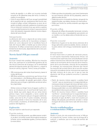 recordatorio de semiología
Exploración de los pares craneales
M.L. Calle Escobar e I. Casado Naranjo

mecha de algodón o un alfiler con la punta machada
tocando en las diferentes áreas del nervio: la frente, la
mejilla y la mandíbula.
– 	Como la rama oftálmica del V par recoge la sensibilidad
de la superficie del ojo, evaluaremos esta función examinado el reflejo corneal. Utilizaremos un poco de algodón enrollado y estirado, pediremos al paciente que
mire en dirección contraria al ojo que vamos a explorar
y con suavidad tocaremos la cornea; lo que provocará el
cierre del párpado (respuesta eferente motora dependiente del nervio facial).

Interpretación
La afectación del nervio o alguna de sus ramas ocasionará debilidad y atrofia de la musculatura correspondiente así como desviación de la mandíbula hacia el
lado del músculo débil a medida que se abre la boca
lentamente. El reflejo corneal estará abolido y la sensibilidad facial disminuida, dependiendo de la rama sensitiva afectada.

Nervio facial (VII par craneal)
Anatomía
Es el par craneal más complejo. Moviliza los músculos
de la cara, participa en la sensibilidad gustativa de los
dos tercios anteriores de la lengua y en la sensibilidad
general de algunas partes del oído externo, y regula la
secreción salival y lagrimal. Tiene 2 raíces principales:
– 	70% motoneuronas del núcleo facial (ventral y lateral al
núcleo del VI par).
– 	30% fibras sensitivas y autonómicas que forman el nervio intermediario o de Wrisberg (fibras sensitivas aferentes que proceden de ganglio geniculado y fibras
eferentes que se dirigen a glándulas secretoras salivales y lagrimales).
Ambas raíces se dirigen hacia el agujero auditivo interno, se introducen por el canal facial del hueso temporal, desde aquí parte alguna de sus ramas (nervio
petroso mayor, nervio estapedio y nervio cuerda del
tímpano); a continuación sale por el agujero estilomastoideo, cerca de los IX y X pares craneales, atraviesa
la glándula parótida e inerva los músculos de la cara,
el buccinador, el platisma, el estilohioideo y el cuerpo
posterior del digástrico.

– 	Pídale que eleve los párpados y que cierre fuertemente
los ojos (músculo orbicular de los párpados), usted no
debería poder abrirlos.
– 	Pídale que sonría o le enseñe los dientes, retrayendo los
ángulos bucales, que deben situarse a la misma altura.
– 	Pídale que hinche los carrillos evitando que salga aire
por la boca

Función refleja
– 	Búsqueda de reflejos de parpadeo (amenaza), corneal y
orbicular de los ojos o nasopalpebral, percutiendo con
un martillo o con los dedos sobre el borde del arco superciliar

Función sensorial
– 	Determinar el gusto en los dos tercios anteriores de la
lengua aplicando sustancias saladas, dulces o ácidas en
la parte anterior de la lengua manteniendo tapada la
nariz.

Interpretación
El nervio facial tiene un patrón de inervación preciso,
lo cual supone importantes implicaciones clínicas. Las
motoneuronas superiores (vías corticobulbares) inervan
ambas motoneuronas inferiores del núcleo facial implicadas en el movimiento de los músculos de la mitad superior de la cara (frontales, orbicular de los párpados);
sin embargo, las motoneuronas inferiores que inervan
los músculos de la mitad inferior de la cara sólo reciben
inervación procedente de las motoneuronas superiores
del lado contrario de la cara, por lo que en caso de
afectación del VII par podemos encontrar 2 patrones
diferentes:
– 	Patrón de neurona motora superior o parálisis facial
“central”, que se caracteriza por la incapacidad del paciente para retraer el ángulo de la boca del lado contrario, mientras mantiene la capacidad de arrugar la frente.
Aunque puede haber una cierta debilidad para cerrar el
ojo ipsilateral, ésta es poco pronunciada.
– 	Patrón de neurona motora inferior o parálisis facial
“periférica”, caracterizado por la incapacidad del paciente para arrugar la frente, cerrar el párpado (produciendo el signo de Bell o visión de la esclera por
debajo del párpado parcialmente cerrado) o retraer
el ángulo de la boca del mismo lado del nervio lesionado.

Hay que explorar cada función por separado:

Nervio vestibulococlear
o estatoacústico (VIII par craneal)

Función motora

Anatomía

– 	Observe la cara del paciente, que debe parecer simétrica, es decir, con similar numero de arrugas (si existen) en
la frente, surcos nasolabiales iguales y comisura labial a
la misma altura.

Desde un punto de vista anatomofuncional, el VIII par
se compone de 2 ramas: coclear, que se encarga de la
audición, y vestibular, que se encarga del sentido del
equilibrio

Exploración

www.jano.es | mayo 2011

08-semi0310Explor.indd 69

69

9/5/11 14:37:20

 