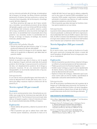 recordatorio de semiología
Exploración de los pares craneales
M.L. Calle Escobar e I. Casado Naranjo

van los músculos estriados de la faringe, el palatogloso
de la lengua y la laringe. Las fibras motoras viscerales
pertenecen al sistema nervioso autónomo y activan los
músculos lisos traqueales, de los bronquios, el esófago
y parte del tubo digestivo.
Las fibras sensitivas del vago son de 2 tipos: somáticas y viscerales. Las somáticas provienen de las células
del ganglio yugular, y por sus ramas periféricas reciben
la sensibilidad del conducto auditivo externo y parte
de la oreja y mediante la rama recurrente meníngea de
este nervio, la sensibilidad de la duramadre de la fosa
posterior. Las viscerales reciben la sensibilidad de la
faringe, la laringe, la tráquea, el esófago, las vísceras
torácicas y abdominales.

Exploración
Elevación del paladar blando
– 	Solicite al paciente que abra la boca y diga “a”, lo que
producirá la elevación del velo del paladar.
– 	Observe la úvula (si la lengua no se lo permite, deprímala con la ayuda de un depresor), que debe estar en
posición medial.

Reflejo faríngeo o nauseoso
Solicite al paciente que abra la boca y, con la ayuda
de un depresor lingual, estimule cada lado de la pared
posterior de la faringe, lo que provocará la contracción
de ésta, con desplazamiento posterior de la lengua y
sensación nauseosa. Al ser una evaluación bastante
desagradable, se recomienda realizarla sólo si hay sospecha de patología.

Interpretación
Si uno de los nervios glosofaríngeos está lesionado, la
úvula se desviará hacia el lado del nervio sano. La ausencia de reflejo nauseoso implica la disfunción de los
pares IX y X.

Nervio espinal (XI par craneal)
Anatomía
Es un nervio exclusivamente motor. Actualmente se considera que surge de las motoneuronas espinales de los
segmentos C2-C5. Tras formarse el tronco principal, éste
sale por el agujero yugular e inerva 2 músculos principales, el esternocleidomastoideo (ECM) y el trapecio.

Exploración
– 	Sitúese detrás del paciente y observe la posición de la
cabeza.
– 	Pida al paciente que gire la cabeza hacia cada lado
mientras opone resistencia, colocando la mano en la

mejilla del lado hacia el que gira la cabeza y palpando
con la otra mano el músculo ECM contralateral. Los 2
músculos ECM pueden examinarse simultáneamente
solicitando al paciente que flexione el cuello mientras
oponemos resistencia contra la frente.
– 	Pida al paciente que eleve (encoja) los hombros mientras opone resistencia con sus manos.

Interpretación
La posición de la cabeza está lateralizada hacia el lado del
músculo paralizado. La afectación del nervio espinal producirá debilidad del músculo ECM o trapecio del mismo
lado. Es difícil constatar esta debilidad al intervenir tanto
en el giro de la cabeza como en la elevación del hombro
otros músculos que compensan estos movimientos.

Nervio hipogloso (XII par craneal)
Anatomía
Es un nervio motor, cuyo núcleo se localiza en el suelo
del cuarto ventrículo y emerge del cráneo a través del
canal hipogloso dirigiéndose hacia la lengua para inervar su musculatura

Exploración
– 	Solicite al paciente que abra la boca; observe la lengua,
su trofismo y la eventual presencia de fasciculaciones.
– 	Pídale que pronuncie los fonemas linguales: r, l y t.
– 	Invítele a sacar la lengua y a que la mueva rápidamente
de dentro afuera y hacia ambos lados de la boca. Observe las desviaciones de la punta.
– 	Explore la fuerza de la lengua, ordenando que la presione contra cada una de las mejillas, oponiéndose el
explorador colocando externamente sus dedos.

Interpretación
Una de las primeras manifestaciones de la paresia de la
lengua es la dificultad para pronunciar los fonemas linguales. Cuando se afecta el núcleo o el nervio hipogloso,
la lengua protuida se desvía hacia el lado de la lesión y
puede observarse atrofia de la hemilengua afectada.

J

BIBLIOGRAFÍA RECOMENDADA
Clínica Mayo. Exploración clínica en neurología. 7.ª ed. Barcelona:
Editorial médica JIMS; 1999. p. 103-21.
Rodríguez García PL, Rodríguez Lupo L, Rodríguez García
D. Técnicas clínicas para el examen físico neurológico I.
Organización general, nervios craneales y nervios
raquídeos periféricos. Rev Neurol. 2004;39:757-66.
Zarranz JJ. Anamnesis y exploración. El método clínico
neurológico. En: Zarranz JJ, editor. Neurología. 4.ª ed.
Madrid: Elsevier España; 2008. p. 1-23.

www.jano.es | mayo 2011

08-semi0310Explor.indd 71

71

9/5/11 14:37:20

 