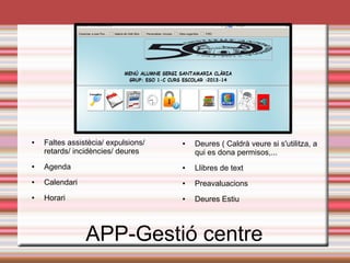 Serveis que ofereix el centre 
● Menjador: funcionament 
● 6,2 euros eventual 
● 5,39 euros diàriament 
● Servei de bar 
(només hores d’esbarjo) 
● Servei de taquilles (15 €) 
● Servei de biblioteca. 
Horari. 
● Servei de Mediació 
Programes innovació Serveis Suport 
MEDIACIÓ 
PAC-PROA 
ESCOLES VERDES 
BIBLIOTECA PUNT-EDU 
APS 
● T.I.S 
● Psicopedagoga 
● Treballadora Social EAP 
● Serveis Socials Consell Comarcal 
 