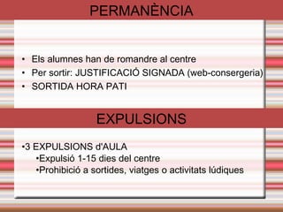SORTIDES 
•CAL RETORNAR EL JUSTIFICANT DE LA SORTIDA INDICANT SI L'ALUMNE HI ANIRÀ O SI, 
PEL CONTRARI, NO HI ANIRÀ. HI HA TEMPS FINS 5 DIES ABANS DE LA DATA DE LA 
SORTIDA. 
•EN EL CAS DE NO ANAR D'EXCURSIÓ, L'ASSISTÈNCIA AL CENTRE ÉS OBLIGATÒRIA 
VAGUES 
• Els alumnes de 1r i 2n d’ESO no poden 
exercir el dret a vaga. 
• Els alumnes de 1r i 
 
