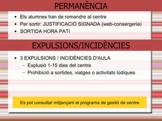 BIBLIOTECA:
Romandrà oberta a l'hora del pati pels alumnes de batxillerat per treballar. Els alumnes d'ESO
NO PODEN ANAR-HI. Al migdia de 13-14 i la tarda de 16-17 romandrà oberta per tots els
alumnes.
PAGAMENT SORTIDES:
Es podran pagar les sortides a consergeria els dilluns-dimarts i divendres de 13'10 a 14:00
o bé a dijous de 13:10 a 14:00 i totes les tardes de 16:00 a 17:00.
HORA DEL PATI:
ESO: NO PODEN SORTIR DEL CENTRE. Han de baixar al pati i en cap cas es poden quedar
a la biblioteca.(Els alumnes de 4t ESO que tinguin 16 anys o més, tampoc).
BATXILLERAT: Exclusivament per treballar poden romandre a classe o a la biblioteca (no es
pot menjar ni beure a la biblioteca) . Poden sortir del centre tenint en compte que tindran la
porta oberta fins les 11:00 i no podran entrar fins a les 11:15. El tutor els ho explicarà el
primer dia de classe.
 