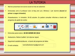 PERMANÈNCIA
EXPULSIONS/INCIDÈNCIES
• Els alumnes han de romandre al centre
• Per sortir: JUSTIFICACIÓ SIGNADA (web-consergeria)
• SORTIDA HORA PATI
Es pot consultar mitjançant el programa de gestió de centre
• 3 EXPULSIONS / INCIDÈNCIES D'AULA
– Explusió 1-15 dies del centre
– Prohibició a sortides, viatges o activitats lúdiques
 