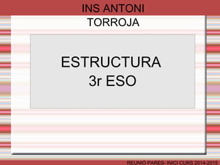 INS ANTONI TORROJA 
ESTRUCTURA 
3r ESO 
REUNIÓ PARES- INICI CURS 2014-2015 
 