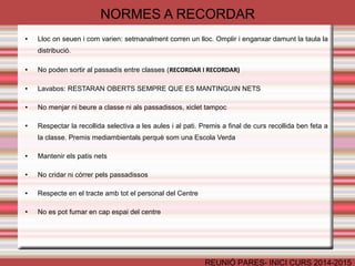 SORTIR DEL CENTRE: Per poder sortir del centre l'alumne ha de portar un paper signat pels pares que 
algun membre de l'equip directiu haurà de signar. Una vegada signat l'haurà d'ensenyar al conserge podrà 
sortir. 
BIBLIOTECA: Romandrà oberta a l'hora del pati pels alumnes de batxillerat per treballar. Els alumnes 
d'ESO NO PODEN ANAR-HI. Al migdia de 13-14 i la tarda de 16-17 romandrà oberta per tots els alumnes. 
REUNIÓ PARES- INICI CURS 2014-2015 
PAGAMENT SORTIDES: de 13-14 i de 16-17 a la biblioteca. 
HORA DEL PATI 
ALUMNES ESO ALUMNES BATXILLERAT 
NO PODEN SORTIR 
(Els alumnes de 4t ESO que tinguin 16 anys o 
més, tampoc) 
●Poden romandre a classe o a la biblioteca 
(per treballar) 
●Si volen sortir del centre tindran la porta 
oberta fins les 11:00. 
 