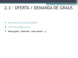 2.3 –  OFERTA / DEMANDA DE GRAUS Notes de tall al juliol del 2010 Taula de ponderacions Nous graus  (internet – aula virtual -...) 
