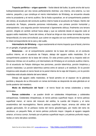 Trayecto periférico – origen aparente – fosita lateral del bulbo, la parte ancha del surco
bulboprotuberancial, por dos raíces perfectamente distintas: una interna, otra externa. La raíz
externa, pequeña y que constituye el nervio intermediario de Wrisberg, se encuentra situada
entre la procedente y el nervio auditivo. De la fosita supraolivar, en el compartimiento posterior
del cráneo, al acueducto del conducto auditivo interno hasta el acueducto de Falopio. Dentro del
acueducto de Falopio, presenta porciones individuadas, una primera porción horizontal y
anteroposterior, una segunda porción transversal o ligeramente oblicua, finalmente una tercera
porción, dirigida en sentido vertical hacia abajo y que se extiende desde el segundo codo al
agujero estilo mastoideo. Fuera del cráneo, el facial se dirige en dos ramas terminales, la rama
temporofacial y la rama cervicofacial, que cubren en seguida con sus ramificaciones divergentes
la mitad correspondiente de la cara y del cuello.
      Intermediario de Wrisberg – sigue exactamente el mismo trayecto que el facial y termina
en un ganglio, el ganglio geniculado.
      Relaciones – en el compartimiento posterior de la base del cráneo, en el conducto
auditivo interno, en el acueducto de Falopio, debajo del agujero estilo mastoideo. En el
compartimiento posterior de la base del cráneo. En esta primera parte de su trayecto está en
relaciones íntimas con el auditivo y el intermediario de Wrisberg en el conducto auditivo interno.
En el acueducto de Falopio distingue tres porciones, porción laberíntica, porción timpánica y
porción mastoidea. La porción laberíntica camina entre el caracol y el vestíbulo. En la porción
timpánica está situado el nervio facial en la pared interna de la caja del tímpano y en la porción
mastoidea está situado delante del seno lateral.
      Debajo del agujero estilo mastoideo, el facial penetra en el espesor de la glándula
parótida y después de su bifurcación en ramas terminales se desprende de esta glándula en el
borde posterior del masetero.
      Modo de distribución del facial – el nervio facial da ramas colaterales y ramas
terminales.
      Ramas colaterales – se pueden dividir en colaterales intrapetrosas y colaterales
extrapetrosas. Colaterales intrapetrosas, el nervio petroso superficial mayor, el nervio petroso
superficial menor, el nervio del músculo del estribo, la cuerda del tímpano y el ramo
anastomótico del neumogástrico. Nervio petroso superficial mayor, arranca del vértice del
ganglio geniculado. En el peñasco recibe del nervio glosofaríngeo, por medio del ramo de
Jacobson, un pequeño filete, el nervio petroso profundo mayor. Llegado al agujero rasgado
anterior, el tronco común, formado por el petroso superficial mayor y el petroso profundo mayor,
recibe un ramo del plexo carotideo.



      Santa Cruz de La Sierra, Bolivia, 2011. renatynn@hotmail.com   * http://lattes.cnpq.br/6160020095886023
 