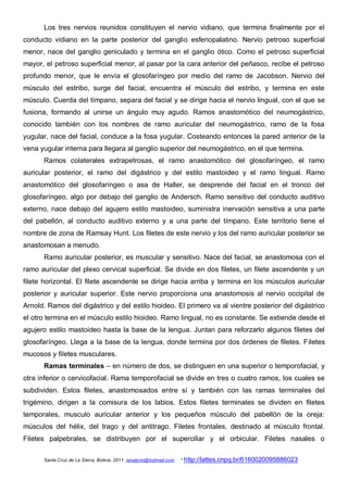 Los tres nervios reunidos constituyen el nervio vidiano, que termina finalmente por el
conducto vidiano en la parte posterior del ganglio esfenopalatino. Nervio petroso superficial
menor, nace del ganglio geniculado y termina en el ganglio ótico. Como el petroso superficial
mayor, el petroso superficial menor, al pasar por la cara anterior del peñasco, recibe el petroso
profundo menor, que le envía el glosofaríngeo por medio del ramo de Jacobson. Nervio del
músculo del estribo, surge del facial, encuentra el músculo del estribo, y termina en este
músculo. Cuerda del tímpano, separa del facial y se dirige hacia el nervio lingual, con el que se
fusiona, formando al unirse un ángulo muy agudo. Ramos anastomótico del neumogástrico,
conocido también con los nombres de ramo auricular del neumogástrico, ramo de la fosa
yugular, nace del facial, conduce a la fosa yugular. Costeando entonces la pared anterior de la
vena yugular interna para llegara al ganglio superior del neumogástrico, en el que termina.
      Ramos colaterales extrapetrosas, el ramo anastomótico del glosofaríngeo, el ramo
auricular posterior, el ramo del digástrico y del estilo mastoideo y el ramo lingual. Ramo
anastomótico del glosofaríngeo o asa de Haller, se desprende del facial en el tronco del
glosofaríngeo, algo por debajo del ganglio de Andersch. Ramo sensitivo del conducto auditivo
externo, nace debajo del agujero estilo mastoideo, suministra inervación sensitiva a una parte
del pabellón, al conducto auditivo externo y a una parte del tímpano. Este territorio tiene el
nombre de zona de Ramsay Hunt. Los filetes de este nervio y los del ramo auricular posterior se
anastomosan a menudo.
      Ramo auricular posterior, es muscular y sensitivo. Nace del facial, se anastomosa con el
ramo auricular del plexo cervical superficial. Se divide en dos filetes, un filete ascendente y un
filete horizontal. El filete ascendente se dirige hacia arriba y termina en los músculos auricular
posterior y auricular superior. Este nervio proporciona una anastomosis al nervio occipital de
Arnold. Ramos del digástrico y del estilo hioideo. El primero va al vientre posterior del digástrico
el otro termina en el músculo estilo hioideo. Ramo lingual, no es constante. Se extiende desde el
agujero estilo mastoideo hasta la base de la lengua. Juntan para reforzarlo algunos filetes del
glosofaríngeo. Llega a la base de la lengua, donde termina por dos órdenes de filetes. Filetes
mucosos y filetes musculares.
      Ramas terminales – en número de dos, se distinguen en una superior o temporofacial, y
otra inferior o cervicofacial. Rama temporofacial se divide en tres o cuatro ramos, los cuales se
subdividen. Estos filetes, anastomosados entre sí y también con las ramas terminales del
trigémino, dirigen a la comisura de los labios. Estos filetes terminales se dividen en filetes
temporales, musculo auricular anterior y los pequeños músculo del pabellón de la oreja:
músculos del hélix, del trago y del antitrago. Filetes frontales, destinado al músculo frontal.
Filetes palpebrales, se distribuyen por el superciliar y el orbicular. Filetes nasales o

      Santa Cruz de La Sierra, Bolivia, 2011. renatynn@hotmail.com   * http://lattes.cnpq.br/6160020095886023
 