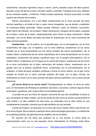 suborbitarios, músculos cigomático mayor y menor, canino, elevador propio del labio superior,
elevador común del ala de la nariz y del labio superior, piramidal. Triangular de la nariz, dilatador
de las ventanas nasales, y mirtiforme. Filetes bucales superiores, músculo buccinador, la mitad
superior del orbicular de los labios.
       Ramas cervicofacial, uno o dos filetes anastomóticos de la rama auricular del plexo
cervical superficial y se divide en tres o cuatro ramos divergentes, que se dividen y subdividen
en numerosos filetes terminales. Filetes bucales inferiores, risorio de Santorini, buccinador,
mitad inferior del orbicular de los labios. Filetes mentonianos, triangular del los labios, cuadrado
de la barba y borla de la barba, anastomosándose para formar el plexo mentoniano. Filetes
cervicales, uno de los filetes cervicales del facial se anastomosa con la rama transversal del
plexo cervical superficial.
       Anastomosis – con el auditivo, con el glosofaríngeo, con el neumogástrico, por el ramo
anastomótico del vago, con el trigémino, con la rama oftálmica: anastomosis de los ramos
frontales de la rama temporofacial con los ramos frontales del nervio supraorbitario, con el
maxilar inferior: anastomosis de los ramos suborbitarios de la rama temporofacial con el nervio
suborbitario: anastomosis del petroso superficial mayor con el ganglio esfenopalatino. Con el
maxilar inferior: anastomosis con el lingual por la cuerda del tímpano, anastomosis de los ramos
de la rama cervicofacial con el plexo mentoniano del dentario inferior, anastomosis con el
ganglio ótico por el petroso superficial menor, anastomosis con el auriculotemporal, con el
simpático: un filete del plexo carotideo contribuye a formar el nervio vidiano, con el gran nervio
occipital de Arnold por el nervio auricular posterior del facial, con el plexo cervical, las
anastomosis se hacen con la rama auricular del plexo cervical superficial y con la rama cervical
transversa.
       ¿El nervio facial es un nervio mixto? Fisiológicamente, en efecto, el nervio es motor
puro. El intermediario de Wrisberg es sobretodo vasomotor y secretorio, contiene algunas fibras
sensoriales o gustativas, pero ninguna fibra de sensibilidad general.
       La prueba de que son fibras de trayecto recurrente las que dan sensibilidad al facial es
que, se después de haber cortado una de las ramas de este nervio se excitan sucesivamente el
cabo central y el cabo periférico de esta rama, se comprueba que el cabo central es casi
completamente insensible, mientras que el cabo periférico es muy sensible.
       Cuerda del tímpano va fusionarse con el ramo del nervio maxilar inferior para formar con
él el nervio lingual. Nervio petroso superficial menor parte del ganglio geniculado y va distribuirse
en la glándula parótida, las glándulas de las mejillas y las de los labios.
       En resumen por las fibras que producen de su raíz grande, el nervio facial es
exclusivamente motor, por su raíz pequeña, nervio intermediario de Wrisberg recibe fibras

       Santa Cruz de La Sierra, Bolivia, 2011. renatynn@hotmail.com   * http://lattes.cnpq.br/6160020095886023
 