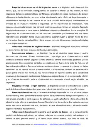 Trayecto intraprotuberancial del trigémino motor – el trigémino motor tiene así dos
raíces, que, por su dirección, distinguiremos en superior e inferior. La raíz inferior, la más
importante de las dos está constituida por fibras que proceden del núcleo masticador. Se dirigen
oblicuamente hacia delante y un poco arriba, atraviesan la parte inferior de la protuberancia y
abandonan el neuroeje. La raíz inferior es en parte cruzada. Así se explica probablemente la
sinergia de los músculos derechos e izquierdos                          en los movimientos de masticación. Raíz
superior, denominada también raíz cerebral o raíz descendente, forman un pequeño fascículo
longitudinal que ocupa la parte externa de la hilera integrada por las células donde se origina. Al
llegar cerca del núcleo masticador, se une con a raíz precedente y se funde con ella. Los filetes
radiculares que proceden de las células vesiculares, superior cruzan la porción media del arco
de herradura descrito para el patético y tiene a veces con este último nervio relaciones limitadas
a una simple contigüidad.
       Relaciones centrales del trigémino motor – el núcleo mastigador es el punto terminal
de cierto número de fibras cruzadas del fascículo geniculado.
       Concepciones actuales – se describen hoy en el trigémino cuatro ramas y cuatro
terminaciones diferentes. Primero la rama motora, cuyo origen es el núcleo masticador, está
destinada al maxilar inferior. Segundo la rama oftálmica, termina en el núcleo gelatinoso y en la
protuberancia. Sus conexiones centrales se establecen por fuera de la cinta de Reil, por el
fascículo espinotalámico. Tercero el sistema maxilomandibular, comprende la unión de los filetes
sensitivos, de los nervios maxilar y maxilar inferior. Las relaciones centrales de esta columna
pasan por la cinta de Reil media. La raíz mesencefálica del trigémino destina da la sensibilidad
muscular de los músculos masticadores. Esta porción está contenida en el nervio maxilar inferior
y su núcleo de terminación seria el núcleo masticador accesorio, el cual, según Winckler, es
vegetativo.
       Trayecto periférico – origen aparente – el trigémino nace en el lado externo de la cara
ventral de la protuberancia por dos raíces: una, voluminosa, sensitiva, otra, pequeña, motora.
       Trayecto de las raíces – de la cara ventral de la protuberancia, las dos raíces se dirigen
hacia delante y arriba para doblar el borde superior de la parte interna de la pirámide petrosa. La
raíz gruesa, cruzado el borde superior del peñasco, se vuelve plexiforme y toma el nombre de
plexo triangular y forma el ganglio de Gasser. Tiene la forma de semiluna. Por su borde convexo
emite tres ramos terminales que son, de dentro a fuera: el nervio oftálmico, el nervio maxilar
superior y el nervio maxilar inferior.
       Relaciones de las raíces del trigémino y del ganglio de Gasser – en el compartimiento
posterior de la base del cráneo, por delante, a la cara endocraneal posterior del peñasco, por
dentro, al seno petroso inferior, y al nervio motor ocular externo. Por fuera el facial, el

       Santa Cruz de La Sierra, Bolivia, 2011. renatynn@hotmail.com   * http://lattes.cnpq.br/6160020095886023
 