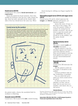 Facial nerve (CN VII) 
Cranial nerve VII controls facial movements and 
expression. 
Assess the patient for facial symmetry. Have him 
wrinkle his forehead, close his eyes, smile, pucker his 
lips, show his teeth, and puff out his cheeks. Both 
sides of the face should move the same way. When 
Cranial nerves by the numbers 
The next time you’re trying to remember the locations and functions of the cranial 
nerves, picture this drawing. All twelve cranial nerves are represented, though 
some may be a little harder to spot than others. For example, the shoulders are 
formed by the number “11” because cranial nerve XI controls neck and shoulder 
movement. If you immediately recognize that the sides of the face and the top of 
the head are formed by the number “7,” you’re well on your way to using this 
memory device. 
the patient smiles, observe the nasolabial folds for 
weakness or flattening. 
Acoustic nerve (CN VIII) 
Cranial nerve VIII, located in the ears, controls hearing. 
22 American Nurse Today November 2006 
Check hearing by rubbing your fingers together by 
each ear. 
Glossopharyngeal nerve (CN IX) and vagus nerve 
(CN X) 
Cranial nerves IX and X, which innervate the 
tongue and throat (pharynx and larynx), are 
checked together. 
Assess the sense of taste on 
the back of the tongue. Ob-serve 
the patient’s ability to 
swallow by noting how he 
handles secretions. Ask the pa-tient 
to open his mouth and 
say AHHHHHH. The uvula 
should be in the midline, and 
the palate should 
rise. 
Spinal accessory nerve 
(CN XI) 
This nerve controls neck and 
shoulder movement. 
Ask the patient to raise his 
shoulders against your hands to 
assess the trapezius muscle. 
Then ask the patient to turn his 
head against your hand to as-sess 
the sternocleidomastoid 
muscle. 
Hypoglossal nerve 
(CN XII) 
Cranial nerve XII innervates the 
tongue. 
Ask the patient to stick out 
his tongue. It should be in the 
midline. 
Look for problems with eat-ing, 
swallowing, or speaking. 
You can check this nerve 
when you check cranial nerves 
IX and X. 
So there you have it: No 
Olympus, no Finn, and no 
hops. Just an easy way to re-member— 
and check—the cra-nial 
nerves. O 
Selected references 
Donohoe Dennison R. Pass CCRN! 2nd ed. St. Louis, Mo: Mosby; 
2000. Goldberg S. The Four-Minute Neurologic Exam. Miami, Fla: 
MedMaster Publishing Co; 2004. 
Barbara Bolek, APRN, MSN, CCRN, PCCN, is a Staff Development Specialist at 
Provena Saint Joseph Medical Center in Joliet, Illinois. 
