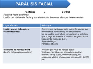 PARÁLISIS FACIAL
Periférica y Central
Parálisis facial periférica
Lesión del núcleo del facial y sus eferencias. Lesiones siempre homolaterales
Lugar afectado Hallazgos
Lesión a nivel del agujero
estilomastoideo:
Compromiso exclusivamente motor Se afectan los
movimientos voluntarios y los emocionales
No es posible ocluir el ojo homolateral, al solicitarle
que lo haga se observa la rotación del globo ocular
hacia arriba (signo de Bell).
Signo de Negro
Parpadeo abolido
Síndrome de Ramsay-Hunt
(Lesión del ganglio geniculado)
Afección por virus del herpes zoster
Vesículas herpéticas en el conducto auditivo
externo, cara y cuello, con dolor local y, en
ocasiones, vértigo e hipoacusia por afección del VIII
par.
 