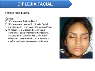 Parálisis facial bilateral.
Causas:
 Síndrome de Guillain-Barré
 Síndrome de Heerfordt: diplejía facial
asociada con uveoparotiditis sarcoidótica
 Síndrome de Möbius: diplejía facial
congénita, ocasionalmente hereditaria,
asociada con parálisis de otros pares
craneales, en especial oculomotores y
malformaciones musculoesqueléticas.
DIPLEJÍA FACIAL
 