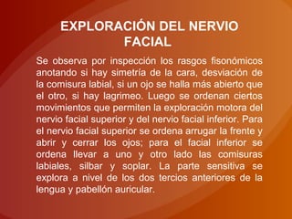 EXPLORACIÓN DEL NERVIO
FACIAL
Se observa por inspección los rasgos fisonómicos
anotando si hay simetría de la cara, desviación de
la comisura labial, si un ojo se halla más abierto que
el otro, si hay lagrimeo. Luego se ordenan ciertos
movimientos que permiten la exploración motora del
nervio facial superior y del nervio facial inferior. Para
el nervio facial superior se ordena arrugar la frente y
abrir y cerrar los ojos; para el facial inferior se
ordena llevar a uno y otro lado las comisuras
labiales, silbar y soplar. La parte sensitiva se
explora a nivel de los dos tercios anteriores de la
lengua y pabellón auricular.
 