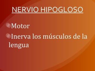 NERVIO HIPOGLOSO
Motor
Inerva los músculos de la
lengua
 