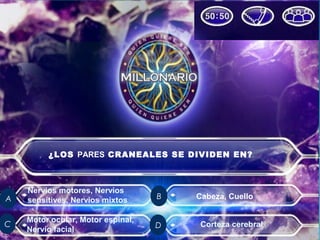 ¿LOS PARES CRANEALES SE DIVIDEN EN?
Nervios motores, Nervios
sensitives, Nervios mixtos
Motor ocular, Motor espinal,
Nervio facial
Corteza cerebral
A
C D
B Cabeza, Cuello
 