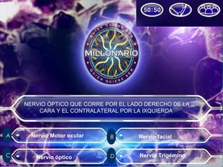 A
C D
B
NERVIO ÓPTICO QUE CORRE POR EL LADO DERECHO DE LA
CARA Y EL CONTRALATERAL POR LA IXQUIERDA
Nervio óptico
Nervio facialNervio Motor ocular
Nervio Trigémino
 