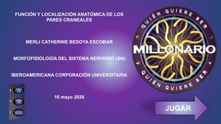 FUNCIÓN Y LOCALIZACIÓN ANATÓMICA DE LOS
PARES CRANEALES
MERLI CATHERINE BEDOYA ESCOBAR
MORFOFISIOLOGÍA DEL SISTEMA NERVIOSO (SN)
IBEROAMERICANA CORPORACIÓN UNIVERSITARIA
16 mayo 2020
JUGAR
 